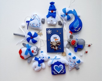 Felt Christmas ornaments set Handmade Holiday Christmas Decor Blue nordic christmas felt ornament