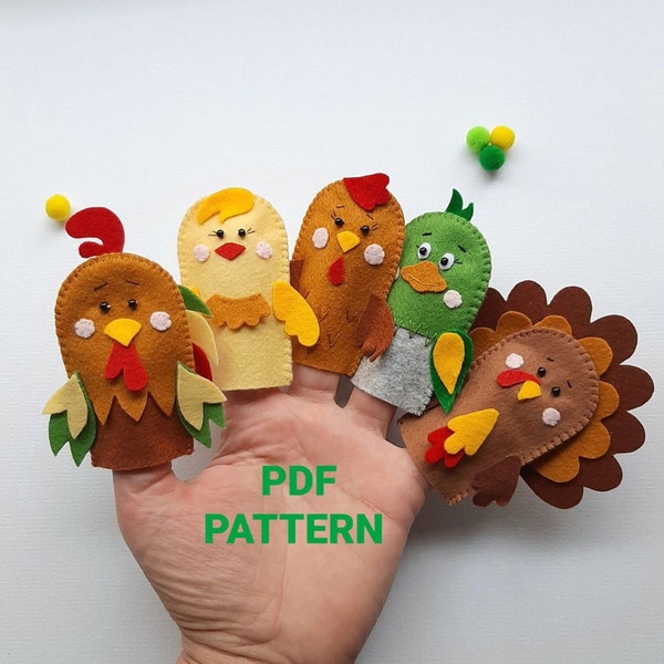 Farm Animal Finger Puppets Pattern, Felt Hen, Rooster, Chick, Turkey, Duck Sewing Pattern PDF, Barnyard Animals