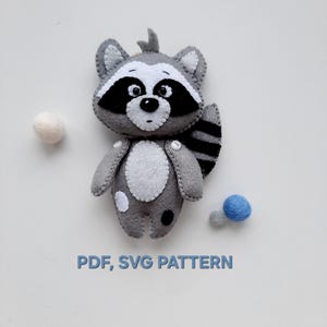 Raccoon PDF SVG pattern, Felt woodland animal toy sewing tutorial, Felt raccoon ornament, Doll nursery decor,  Baby shower gift
