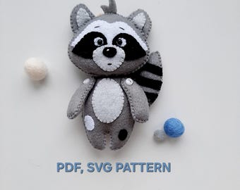 Patrón PDF SVG de mapache, tutorial de costura de juguete de fieltro de animal del bosque, adorno de mapache de fieltro, decoración para habitación de muñecas, regalo para baby shower