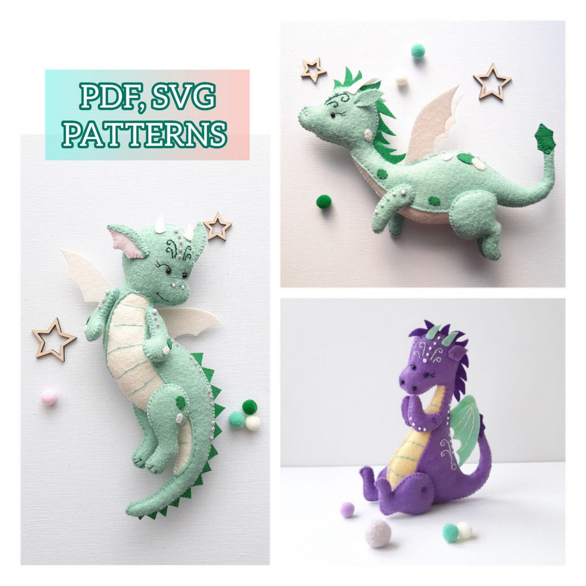 Dragon felt PDF, SVG pattern, Anime ornament DIY plush, Dragon felt sewing tutorial, Baby crib mobile toy