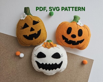 Halloween Pumpkin face pattern, Felt pumpkin ornaments DIY, PDF SVG Tutorial & Pattern for Hand Sewing