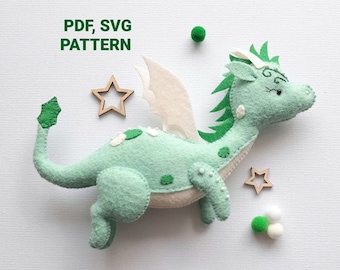 Dragon PDF, SVG pattern,  Dragon felt sewing tutorial, Anime ornament DIY plush, Baby crib mobile toy