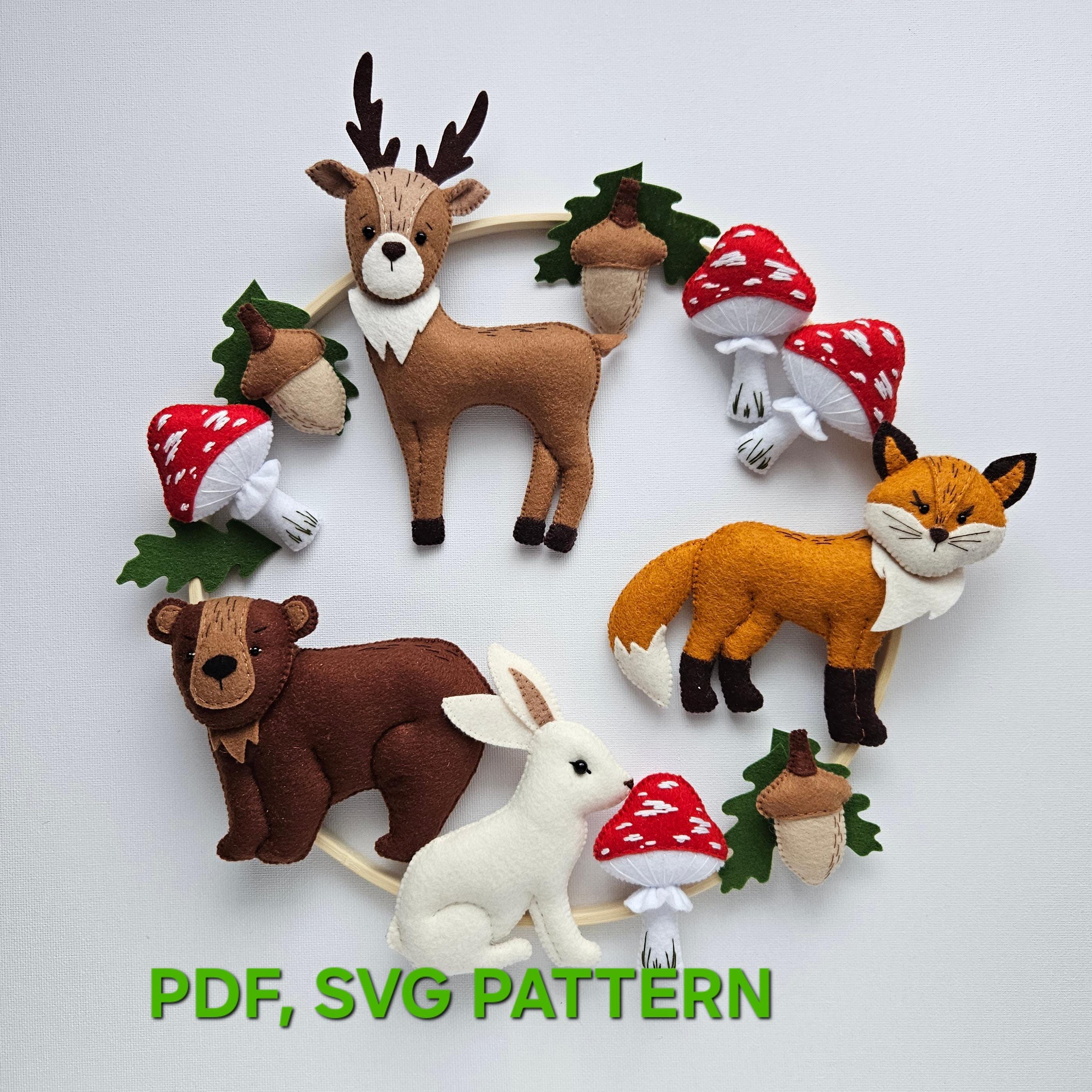 Woodland baby mobile PDF SVG pattern, Fox Bear Bunny Deer Acorn and Mushroom nursery mobile sewing pattern, Felt woodland animals patterns