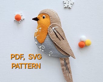 Filz Rotkehlchen PDF, SVG-Schnittmuster, Vogel einfaches Schnittmuster, Anleitung zum Nähen von Ornamenten
