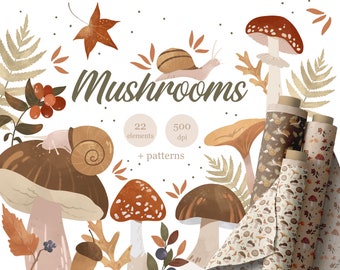 Mushrooms Clipart, Forest Seamless Pattern, Autumn PNG, Printable Digital Clipart