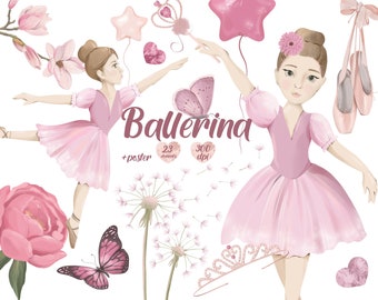 Pink Ballerina Clipart, Floral Ballet, Girl Nursery Decor, Ballerina Planner Stickers, Instant Download