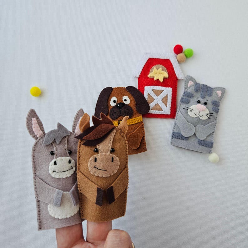 Farm Animal Finger Puppets Sewing Pattern DIY, Felt Dog Cat Donkey ...