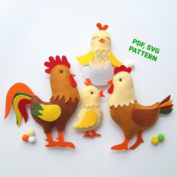 Rooster Hen and Chicks felt PDF SVG pattern, Farm Animal sewing tutorial, Ornament DIY plush, Baby crib mobile toy
