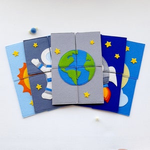 Rocket Moon Sun Astronaut Earth felt space puzzle, Space gift for boy, Soft travel toys for kids, Felt Montessori toy