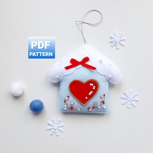 Easy winter house sewing pattern Blue house pdf pattern Scandinavian Christmas ornament pattern House pattern for a hand sewn felt ornament