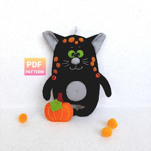 Black Cat felt sewing pattern, Halloween cat and pumpkin PATTERN PDF, Halloween decor, Black cat DIY