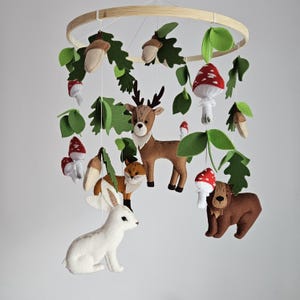 Fox Bear Bunny Deer and Mushroom Nursery Mobile, Woodland mobile, Baby room decor, Gift for a newborn