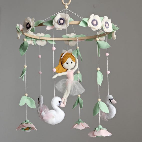 Swan Flowers Ballerina Baby Mobile for Crib, Hanging Felt Mobile