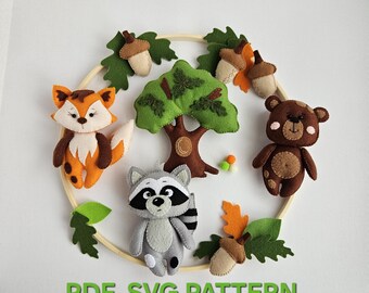 Fox Bear Raccoon Oak and Acorn nursery baby mobile PDF SVG pattern, Woodland animals sewing pattern