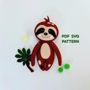 May include: A felt sloth pattern for sewing a plush toy. The pattern includes PDF and SVG files. The sloth is brown with a beige belly and black eyes. The pattern includes a leaf and two green pom-poms.