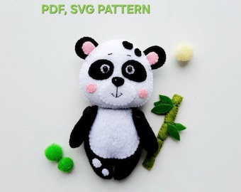 May include: A black and white felt panda bear toy with pink cheeks and black eyes. The panda is holding a green felt bamboo stick with leaves. The text "PDF, SVG PATTERN" is at the top of the image.