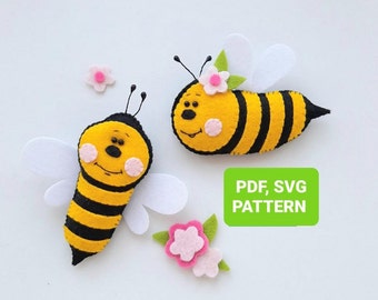 Grazioso modello di cucito in feltro a forma di ape in formato PDF/SVG Accessori a forma di ape Modello per peluche Ape gialla Modello per peluche Download digitale