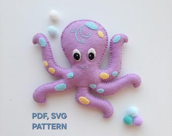 Octopus sewing pattern, Felt sea creatures pdf svg pattern, Octopus toy DIY, Stuffed animal pattern easy, Sea life baby mobile pattern