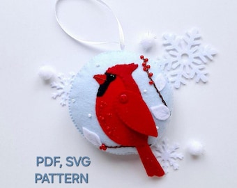 Felt Red Cardinal PDF, SVG pattern, Christmas ornament sewing tutorial, Bird easy sewing pattern