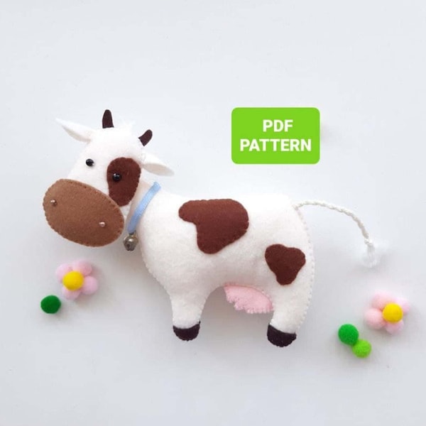 Cow sewing pattern PDF Farm animal ornament DIY plush  Cow felt sewing tutorial Baby crib mobile toy Softie pattern