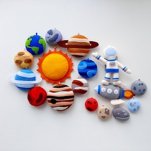 Felt solar system planets with dwarf planets set Stuffed planets with names Planets garland Space exploration Space nursery hanging planets