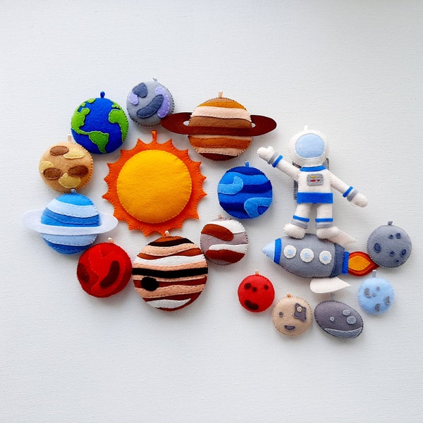 Felt solar system planets with dwarf planets set Stuffed planets with names Planets garland Space exploration Space nursery hanging planets