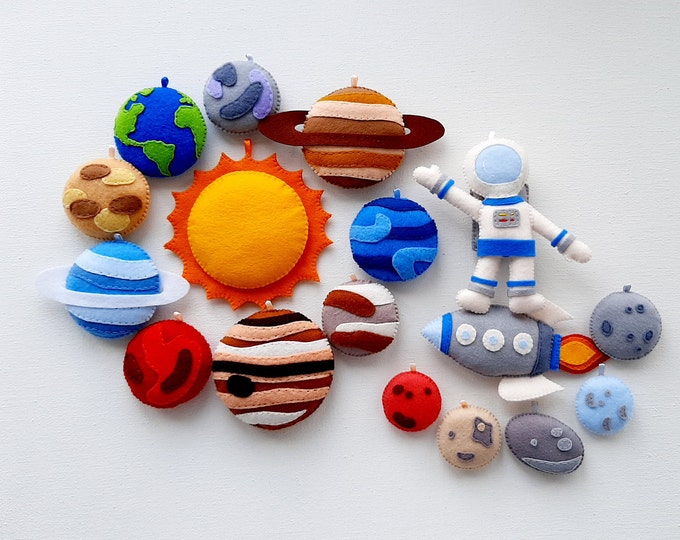 Felt solar system planets with dwarf planets set Stuffed planets with names Planets garland Space exploration Space nursery hanging planets