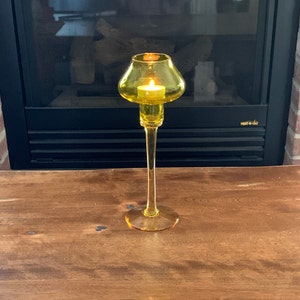 Vintage One Piece Long Stem Yellow Glass Cognac Glass Styled Top Candleholder- Very Good Condition