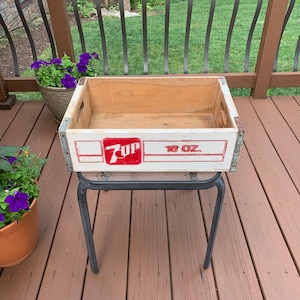 Vintage 7 UP Wood Soda Beverage Crate - Red and White with Metal Bands - Circa 1960s - Very Good Condition
