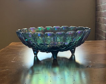 Vintage 1970s Indiana Glass Iridescent Blue Carnival Glass Footed Harvest Pattern Oval Center Bowl - 2211 - Excellent Condition