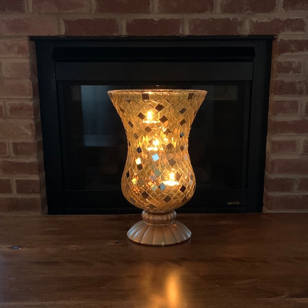 Vintage PartyLite Global Fusion Gold Hurricane Stained Glass Mosaic Candle Holder - #P9902 - Excellent Condition