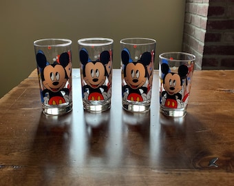 Vintage Set of 3 Large and 1 Small Anchor Hocking Walt Disney Mickey, Minnie Mouse and Donald Duck Glasses - Excellent Condition