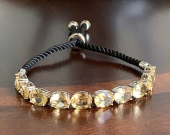 Vintage 925 Sterling Silver Yellow Citrine Gemstones Adjustable Cord Bolo Bracelet - Excellent Condition
