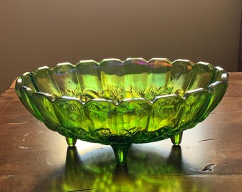 Vintage 1970s Indiana Glass Iridescent Lime Green Carnival Glass Footed Harvest Pattern Oval Center Bowl - #7017 - Excellent Condition