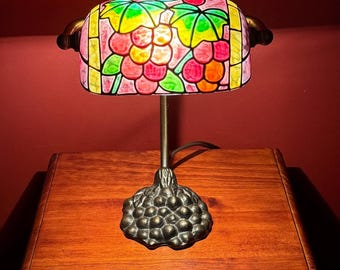 Vintage Tiffany Style Banker's Lamp with Rectangular Shade featuring Grape Bunch and Leaf Pattern - Excellent Condition