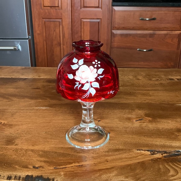 Vintage 2 Piece Glass Fairy Light with Clear Base and Red Shade with Signed Hand Painted Pink Rose - Excellent Condition