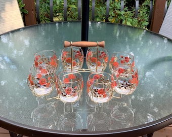 Vintage Federal Glass Roly Poly Caddy Beverage Set - Red Rose Pattern - Gold Caddy -  Excellent Condition