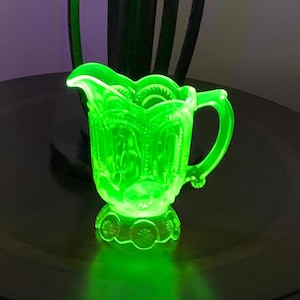 Vintage Rare/HTF Yellow Moon and Star Vaseline Uranium Glass Creamer/Small Pitcher - L. G. Wright Glass Co. - Excellent Condition