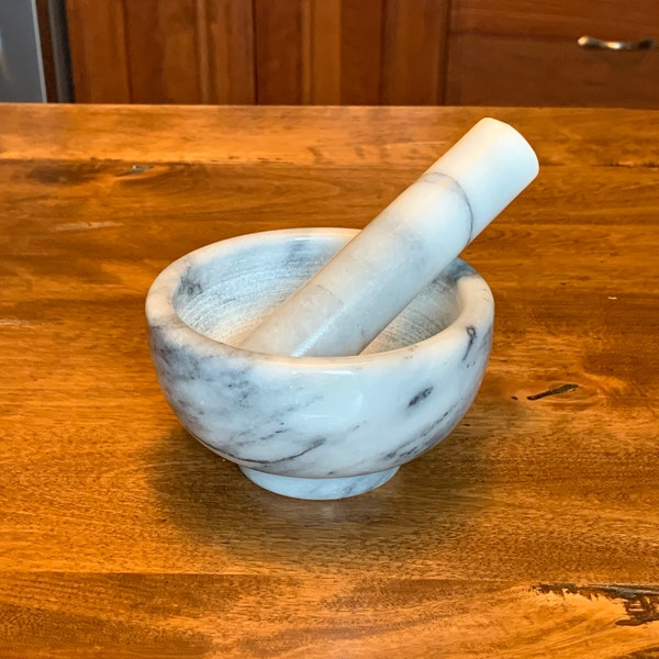 Vintage White/Gray Marble Mortar and Pestle - 4" H - Very Good Condition