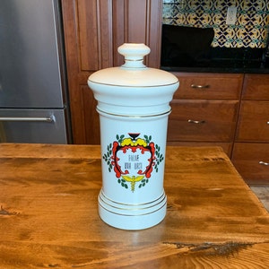 Vintage White with Gold Trim Porcelain Apothecary Jar with Lid - Excellent Condition
