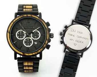 Engraved wristwatch "Jupiter" • Zebrano / Ebony • Men's watch with engraving • Handmade • Personalized • Wristwatch for men Wooden watch