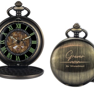 Personalized pocket watch with chain in bronze | Mechanical pocket watch with engraving and visible movement