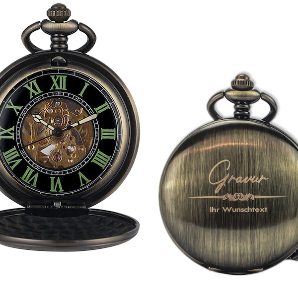 Personalisierte Taschenuhr mit Kette in Bronze | Mechanische Taschenuhr mit Gravur und sichtbarem Uhrwerk