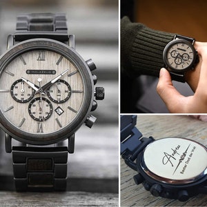Engraved wristwatch "GrayCedar" made of wood • Men's watch with engraving • Personalized wooden watch for men