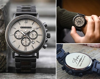 Engraved wristwatch "GrayCedar" made of wood • Men's watch with engraving • Personalized wooden watch for men