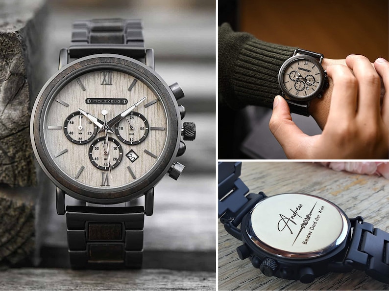 Gravierte Armbanduhr GrayCedar aus Holz Herrenuhr mit Gravur Personalisierte Holzuhr Herren Bild 1