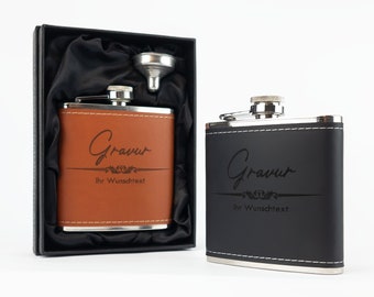 Hip flask with engraving in leather edging 6 oz / 170 ml including gift box and funnel