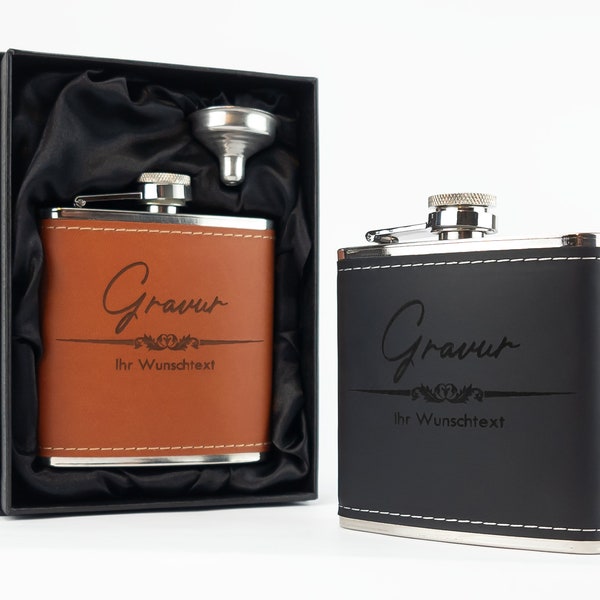 Flachmann mit Gravur in Leder Einfassung 6 oz / 170 ml inkl. Geschenkbox und Trichter