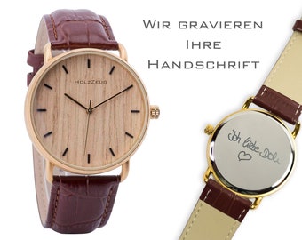 Engraved genuine oak watch in gold-plated case • With leather strap • Men's watch • Handmade • Personalized • Men's watch